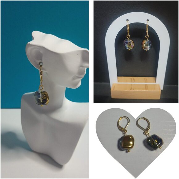 Iridescent Blue and Gold Glass Bead Drop Earrings with Leverback Closure - Picture 1 of 1